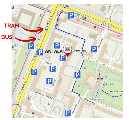 Adresa a doprava do centra Antala, Dvorní 756/9, Ostrava-Poruba – zastávka VŠB-Technická univerzita, tramvaj 7, 8, 17 a autobus 20, 47, 75